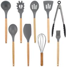Set x 9 Kit Utensilios De Cocina GADNIC BLACK20 Mango Madera Punta Silicona
