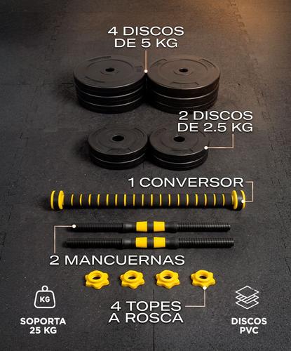 Kit Mancuernas Y Barra Force By Gadnic 25 Kg Discos Pvc Conversor A Rosca Entrenamiento Completo  - 6