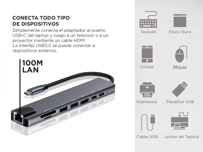Adaptador USB C Hub Para Mac y Pc 8 en 1 Usb C - HDMI - Usb 30 - Red - 5