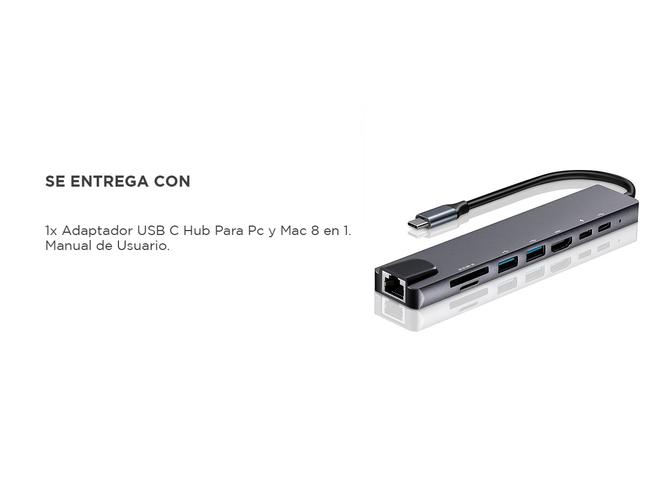 Adaptador USB C Hub Para Mac y Pc 8 en 1 Usb C - HDMI - Usb 30 - Red - 6