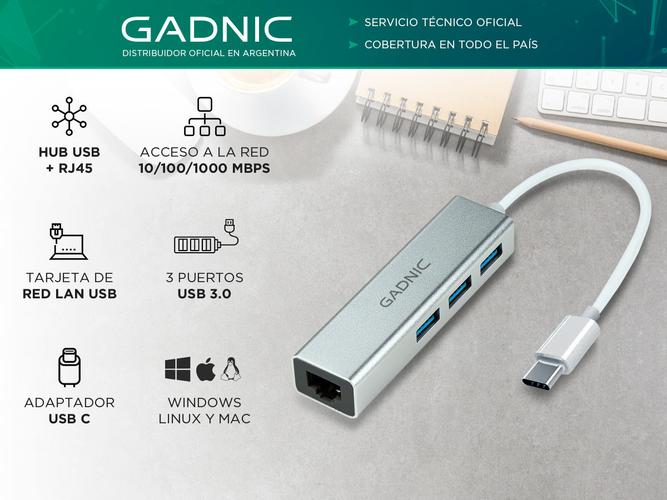 Adaptador Usb Tipo C A Rj45 Ethernet Red Lan + Usb 3.0 Gadnic HB-RJ26 para Macbook Windows - 1