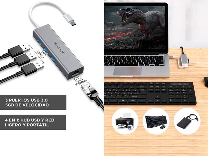Adaptador Usb Tipo C A Rj45 Ethernet Red Lan + Usb 3.0 Gadnic HB-RJ26 para Macbook Windows - 2