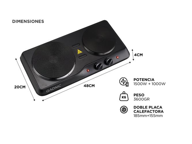 Anafe Eléctrico Gadnic 2 Hornallas 1500W 6 Niveles  - 5
