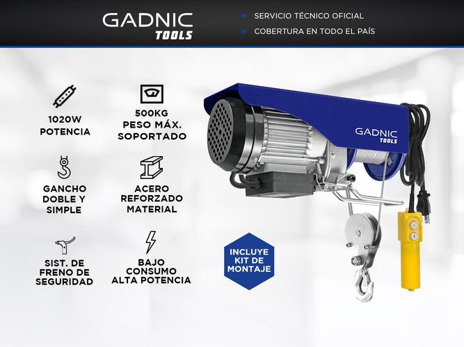 Aparejo Eléctrico Gadnic AP500 Hasta 500kg 1020w Gancho Doble y Simple Reforzado 12 Metros  - 1