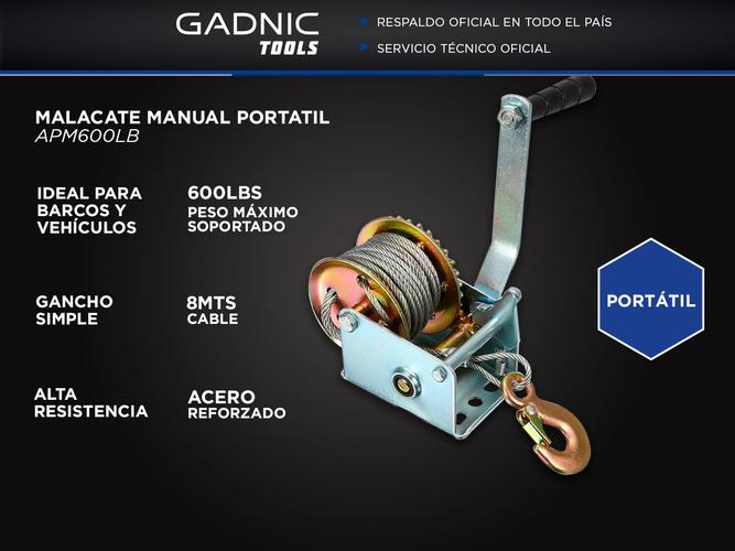 Malacate Manual Gadnic APM600LB 600 LBS Con Cable De 8 Metros Portatil - 1