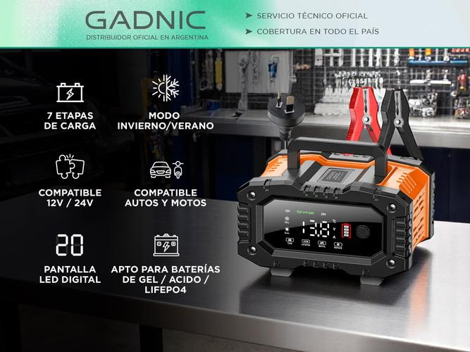Cargador Inteligente De Batería De Autos y Motos Gadnic CBAT-Armor 12V 24V Mantenedor Portátil Apto Gel Acido LiFePo4 - 1