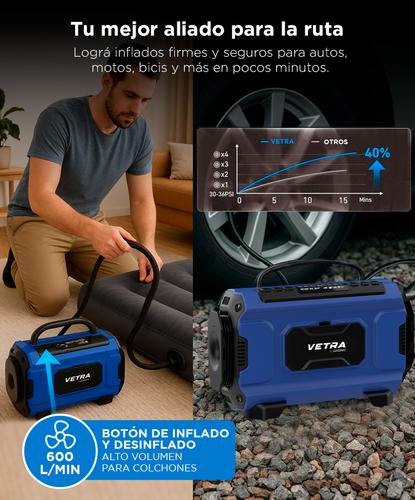 Inflador Portátil Vetra by Gadnic 150 PSI Compresor de Aire Batería Recargable Luz Led LCD Multiuso Compacto  - 2