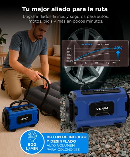 Inflador Portátil Vetra by Gadnic 150 PSI Compresor de Aire Batería Recargable Luz Led LCD Multiuso Compacto  - 2