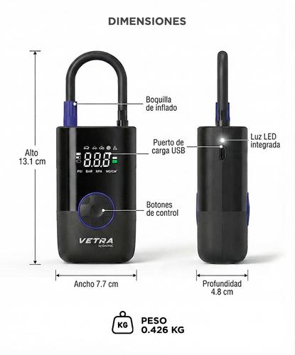 Inflador De Neumáticos Inalámbrico Vetra By Gadnic 150 PSI Recargable Para Auto Y Moto Compresor  - 5