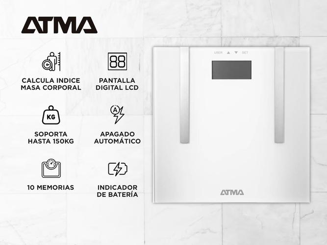 Balanza Personal Digital Atma Indicador de Grasa Corporal Capacidad 150Kg Blanca  - 1