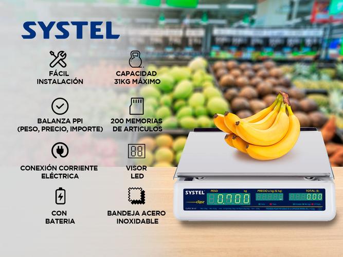 Balanza Comercial Systel Clipse Bateria 31kg Bandeja Acero Inox 200 Articulos - 1