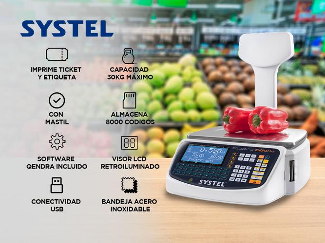 Balanza Comercial Systel Cuora Max Con Mastil Ticket Etiqueta 30kg USB Bandeja Acero Inox - 1