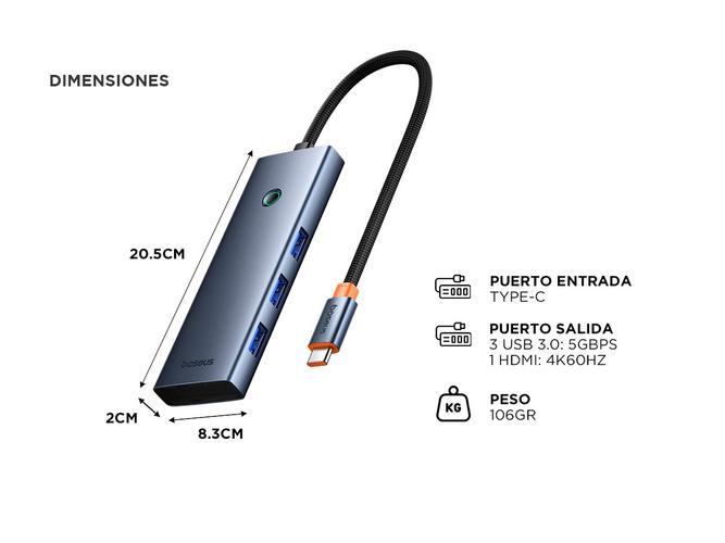 Hub Adaptador 7 en 1 Baseus UltraJoy Tipo-C HDMI 4k@60Hz  3Usb30 PD SDTD Mac  - 4