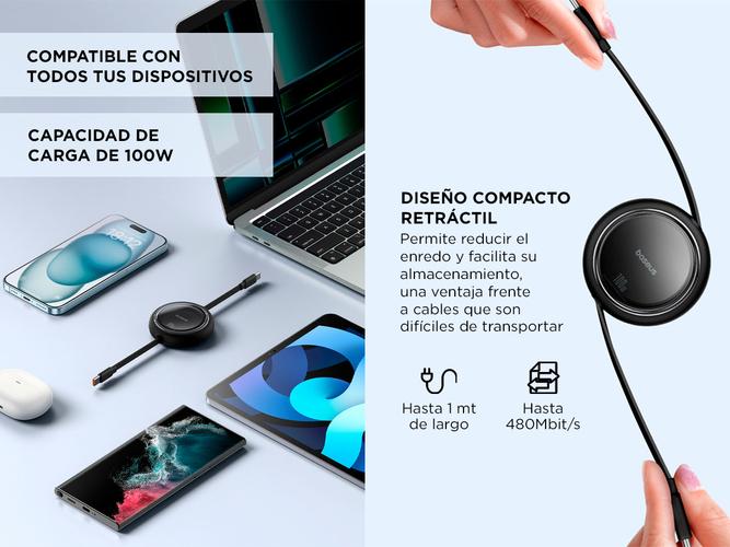 Mini Cable de Carga Retráctil Baseus Tipo-C 1M 100W - 2