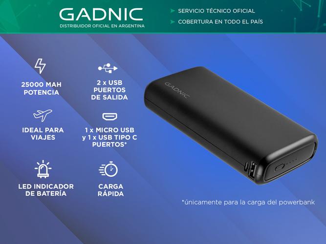Cargador Portátil Gadnic K25 25000 mAh Carga Rápida 2 USB + USB C - 1
