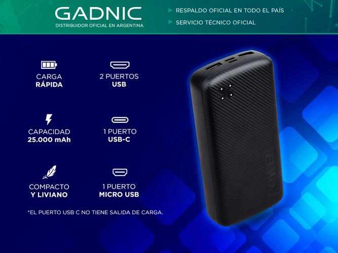 Cargador Portátil Gadnic B49BC 25000 mAh Carga Rápida 2USB - Micro USB - USB C - 1