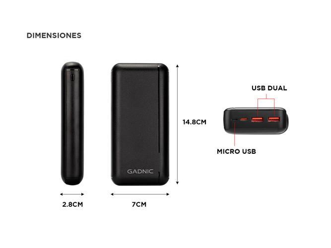 Cargador Portátil Gadnic 25000 mAh Carga Rápida 2 USB Outlet - 4