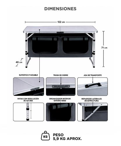 Mesa Camping Plegable Gadnic 122 X 48 X 71 Cm Organizador Oxford 600D Estructura De Aluminio Altura Regulable Capacidad 30 Kg - 5