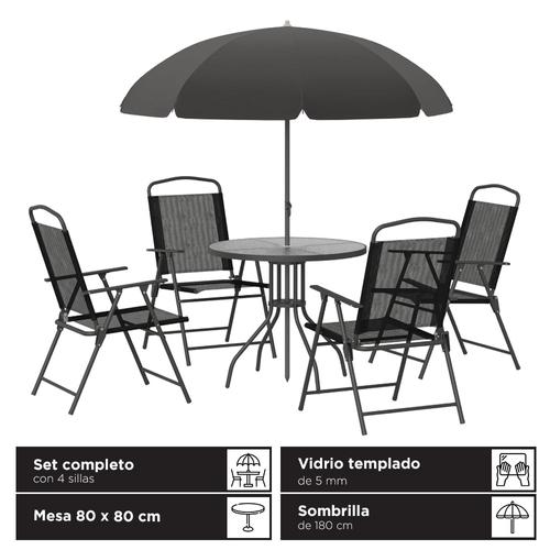 Juego De Jardín Southport By Gadnic Con 4 Sillas Mesa 80 X 80 Cm Sombrilla 180 Cm Vidrio Templado Y Tela Oxford - 0