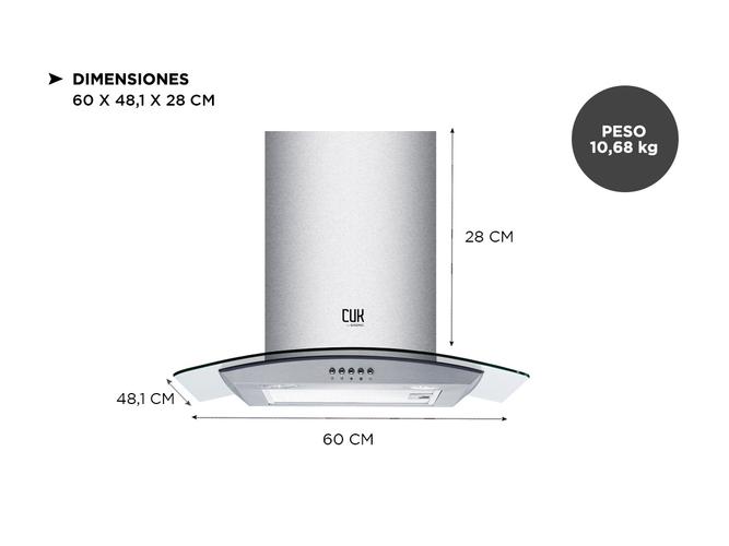 Extractor De Cocina Cuk By Gadnic CM1900 Campana Acero Inoxidable Y Vidrio 60cm 190w 3 Velocidades Luz Led - 3