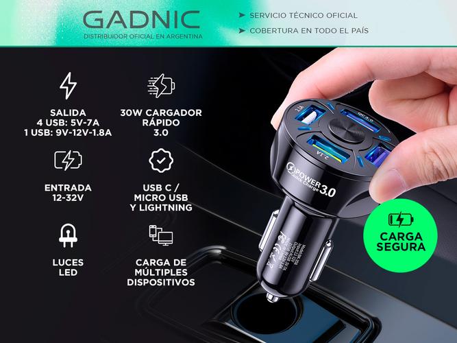 Cargador para Auto Gadnic 4 USB Carga Rapida con Led  Cable USB-C - 1