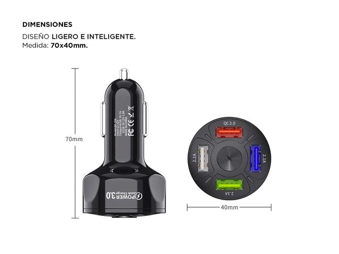 Cargador para Auto Gadnic 4 USB Carga Rapida con Led  Cable USB-C - 5