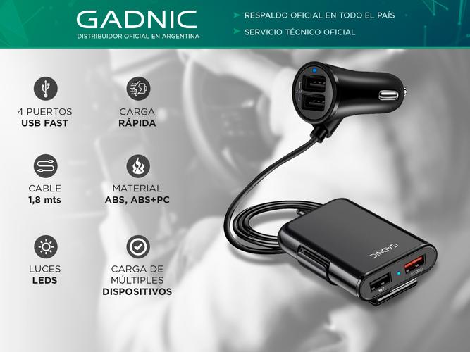 Cargador para Auto 4 Puertos Usb Carga Rápida - Asiento Delantero Y Trasero - 1