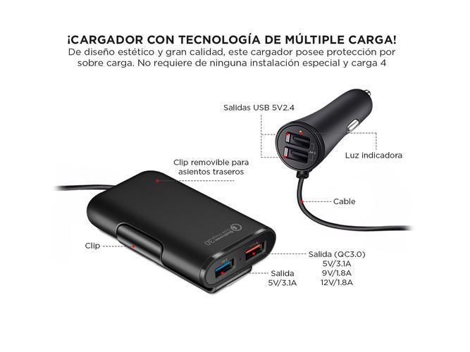 Cargador para Auto 4 Puertos Usb Carga Rápida - Asiento Delantero Y Trasero - 4