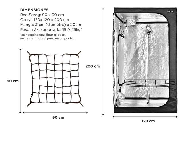 Carpa Cultivo Indoor Gadnic GROW1 120x120x200cm  red scrog 90x90cm - 5