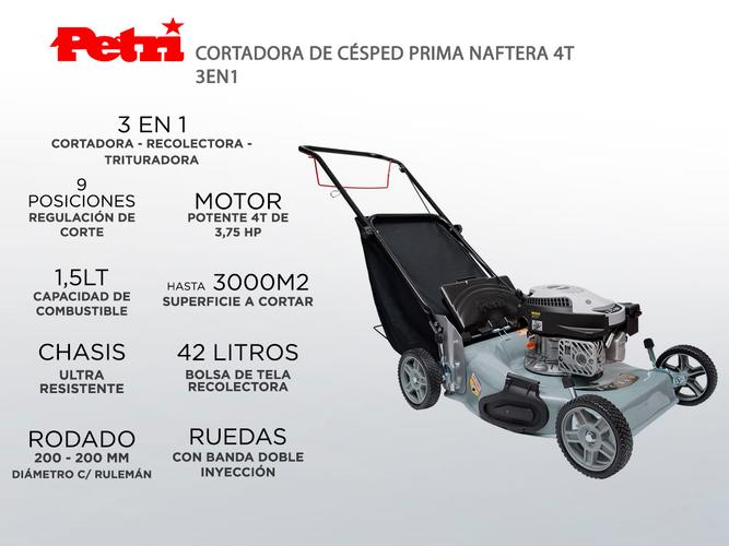 Cortadora de Césped Petri Prima Naftera 4T 3en1 3,75HP Bolsa Recolectora 42Lt - 1