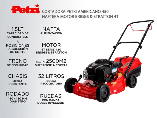 Cortadora de Césped Petri Americano 450 Naftera Motor Briggs & Stratton 4T 4,5HP Recolector 32Lt - 1