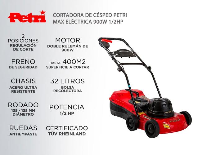 Cortadora de Césped Petri Max Eléctrica 900w 1/2HP Recolectora 32Lt - 1