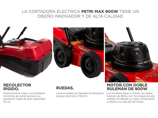 Cortadora de Césped Petri Max Eléctrica 900w 1/2HP Recolectora 32Lt - 4