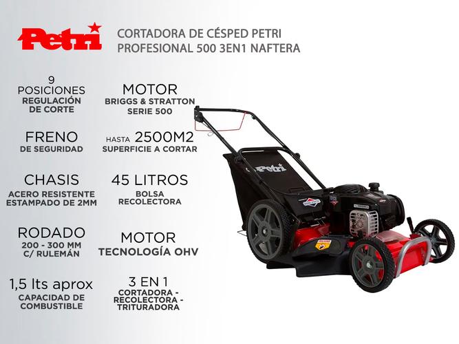 Cortadora de Césped Petri Profesional 500 3en1 Naftera Motor Briggs & Stratton 4T 5HP Recolector 45Lt - 1