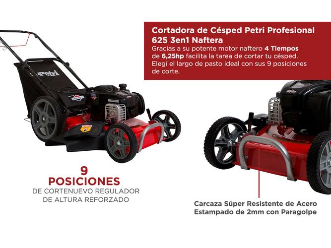 Cortadora de Césped Petri Profesional 625 3en1 Naftera Motor Briggs & Stratton 4T 6,25HP Recolector 45Lt - 3