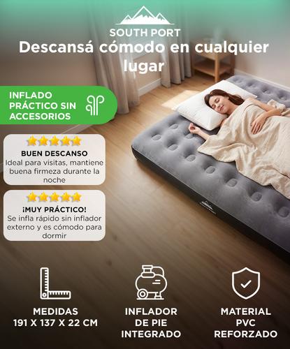 Colchon Inflable Doble Gadnic 191 x 137 x 22 cm Inflador De Pie Integrado Superficie Flocada PVC Laterales Base Reforzada - 1