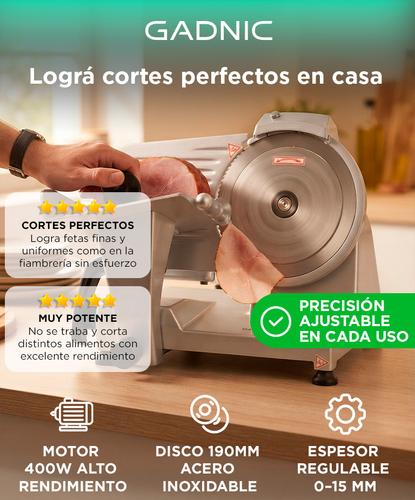 Cortadora De Fiambre Eléctrica Gadnic 400W Disco 190mm Espesor Regulable 0 A 15mm Acero Inoxidable Base Antideslizante 220V 50Hz - 1