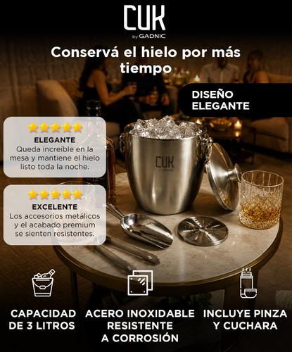 Hielera Acero Inoxidable Cuk By Gadnic Doble Capa 3L Con Pinza Y Cuchara Cubetera Hielos - 1