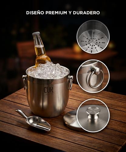 Hielera Acero Inoxidable Cuk By Gadnic Doble Capa 3L Con Pinza Y Cuchara Cubetera Hielos - 4