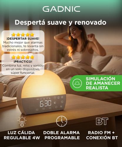 Luz Con Reloj Despertador Gadnic BT Radio FM Simulación Amanecer 10 Sonidos Relajantes - 1