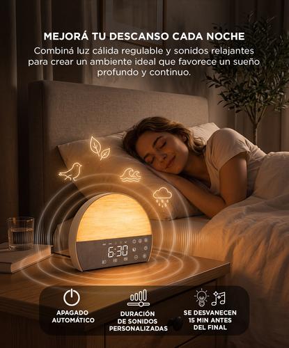 Luz Con Reloj Despertador Gadnic BT Radio FM Simulación Amanecer 10 Sonidos Relajantes - 2