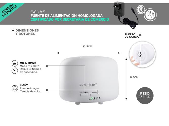 Difusor Gadnic Humidificador Ultrasónico 300ml 20hs 7 Colores - 5