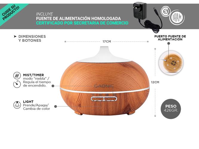 Difusor Gadnic Plus Humidificador Ultrasónico 300ml 20hs 7 Colores - 4