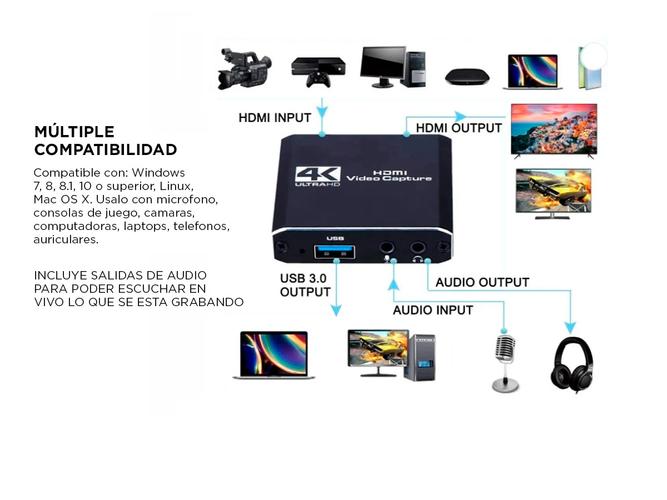 Tarjeta de Captura de Audio y Video Portátil 4K USB 3.0 1080P 60fps PC Streaming PS - 3