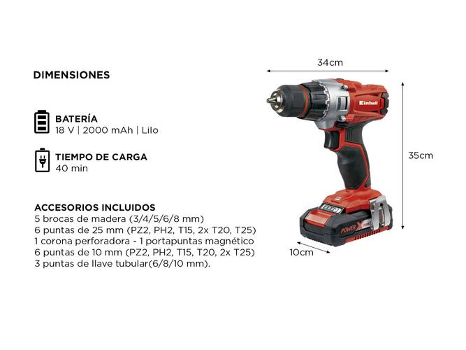 Taladro Atornillador Inalambrico Einhell TE-CD 18/45 3X-Li  Accesorios  Bateria 2.0ah  Maletin - 4