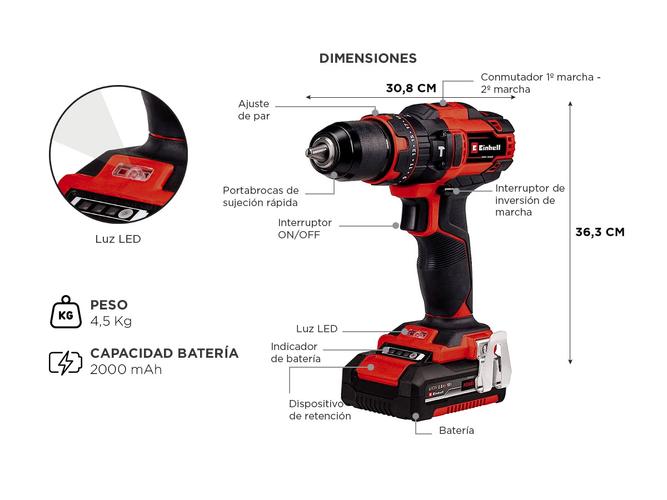 Taladro  Einhell Atornillador Percutor Inalámbrico TE-CD 1840 63 Accesorios y 2 Baterias - 4