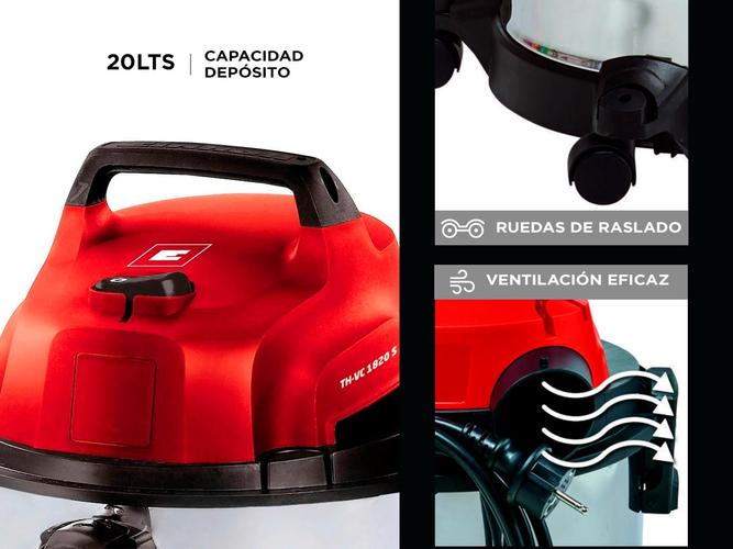 Aspiradora De Tacho Einhell TC-VC 1820 S 20L 1250W Acero Inox Polvo Agua Ruedas - 3
