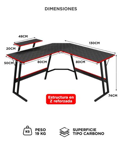 Escritorio Gamer Moderno Gadnic En L Para Pc Computadora De Madera Fibra de Carbono y Estructura Metalica - 5
