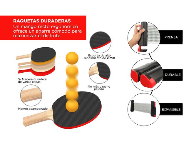 Set Ping Pong Gadnic 2 Paletas + 3 Pelotas + Red Retráctil  - 2