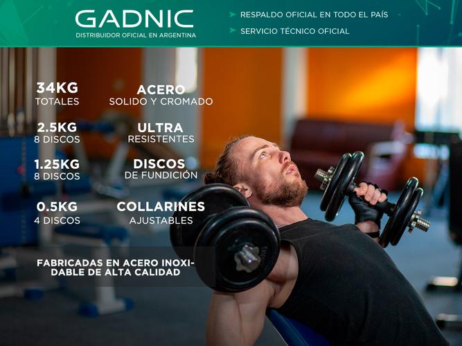 Mancuernas Gadnic Set x 2 Acero Macizo 34kg Total Trabas Regulables a Rosca - 1